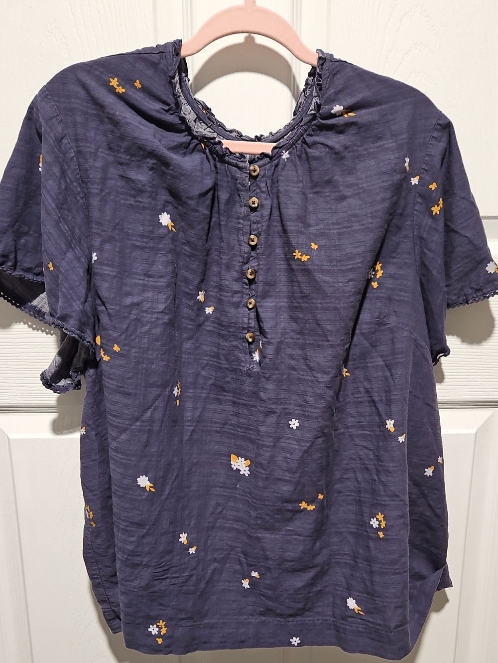 Source Unknown Navy Floral Button Henley Blouse